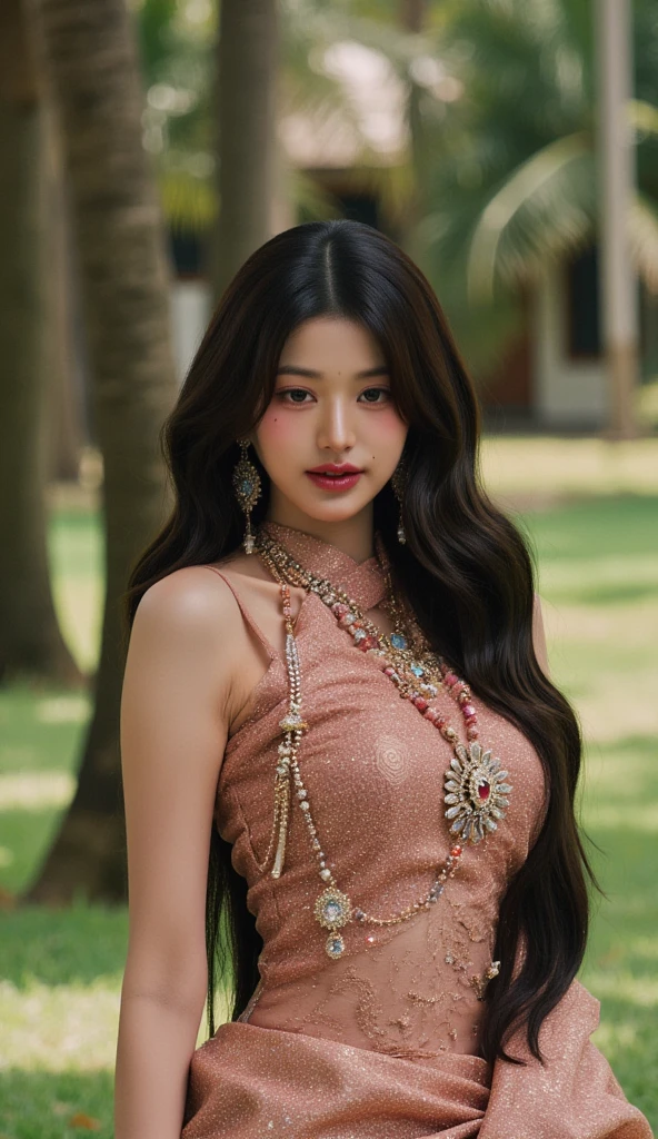 pretty girl: Asian, cute, stunningly beautiful, gorgeous;
Age: 20 years old;
hair: bronze orange color, smooth, shimmering in the sunlight, very detailed;
skin: ivory white, rosy and flawless;
eyes: pure black, ((realistic)), almond shaped, sexy, youthful, clear, super detailed, elegant, seductive, vivid makeup, sharp, ((captivating the viewer) );
eyelids: delicate, perfect beauty;
Eyebrows: arched, sparse, sharp;
face: beautiful, pure, beautiful like a fairy, delicate makeup, lovely, perfectly balanced, beautiful in every detail, delicate features, ((with tattoos));
nose: pretty, lovely, high;
Cheekbones: prominent;
lips: seductive, light red lipstick, lovely lip gloss;
teeth: moon crystal;
breasts: full, deep cleavage, firm, bra-fit, protruding nipples;
bra: bright red, gold embroidery, metallic;
body: plump, attractive, full of youth;
accessories: ruby necklace, ruby earrings;
shirt: silk fabric, red, white silk belt, ((navel exposed));
clothing: tight, (((see-through))), flattering on the chest;
underwear: bright red, ((embroidered with metallic thread)).
Fashion style: high-end women, modern 2024, luxury;
Photo quality: non-NSFW, 8K CG HD, sharp, super beautiful graphics, professional, detailed, vivid colors, super smooth, advanced techniques, super realistic RAW;
lighting: luxurious, front projection, complex, black and gold tones;
sunlight: sparkling, illuminating the girl's body;
Setting: wonderland, colorful flower garden.
(((The photo focuses on the portrait of the girl's face, surreal, super detailed, highlighting the edges under the bright sunlight))).