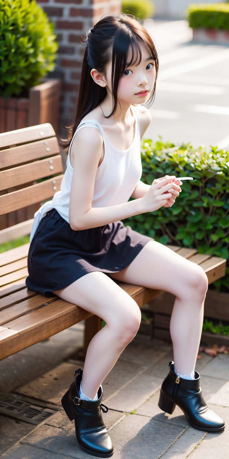 Japanese office lady、Sleeveless Shirt、lunch、sitting on a park bench、smile、Tight mini skirt、masterpiece,best quality,ultra detailed,highres,high-resolution,4k,realistic,RAW photo,((real person)),portrait photography,photorealistic,detailed skin,(delicate black eyes ), A soothing woman with sagging eyes,Calm and calm, middle hair,skinny,clothing,The wind is blowing,tareme、Beautiful legs、Small shirt、Panty shot、((Knees are higher than hips))、White shorts、Bend your knees、Knee Up