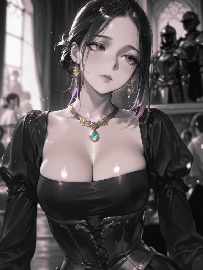 pen_sketch_style, 1girl, solo, ink, detailed face, y lips, gothic make up, beautiful woman, sketch, gigantic breailled dress,huge cleavage, s smile