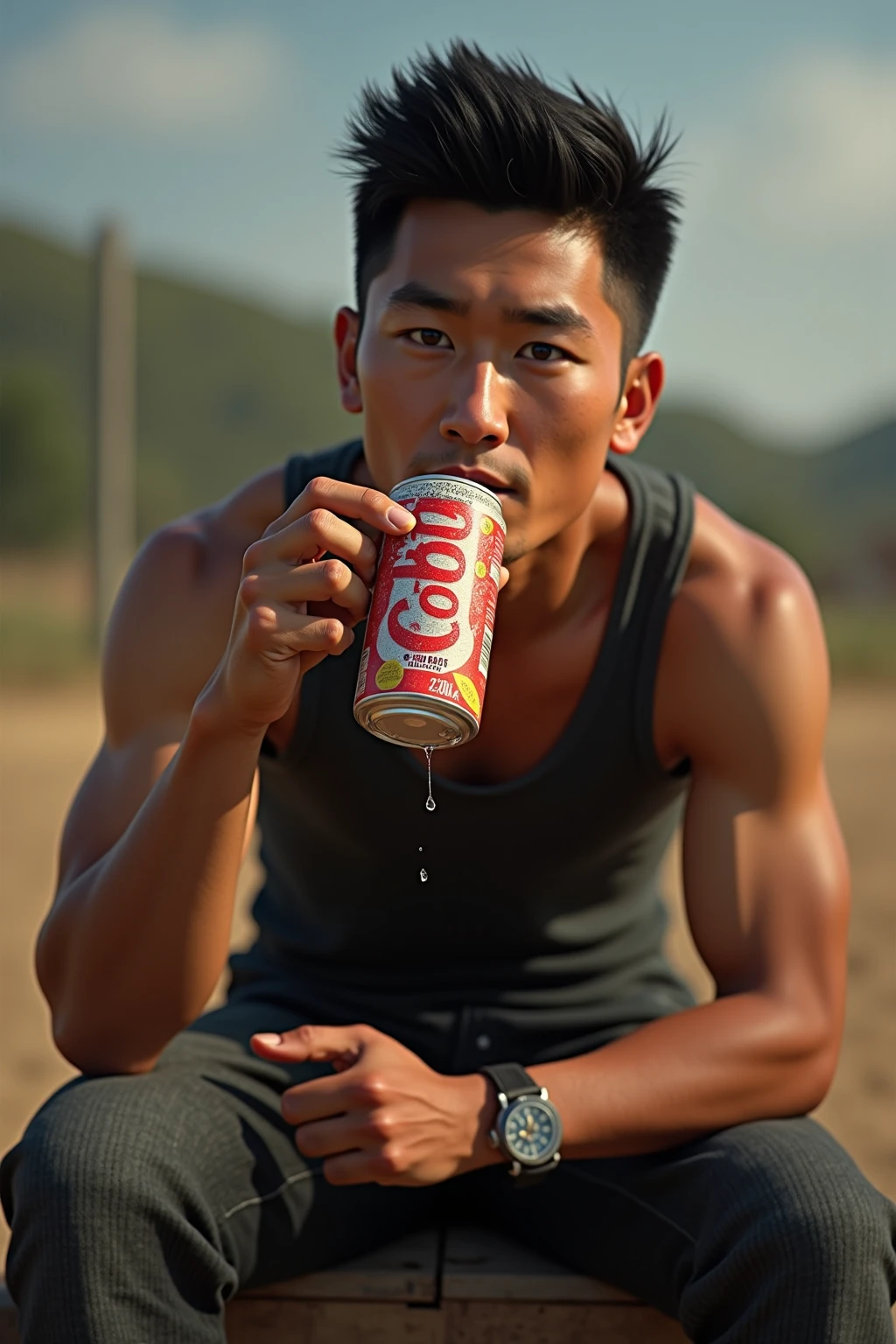 An Araf man holds a soda can on the beach., Natural Posture, holding a full bottle of potrait, Inspired by Liang Kai, Shirtless, asian man, #oc, # oc, tpose, topless, 2 pax, Kubo, At a tropical beach, [ Tightly defined ABS ]!!, Inspired by Tan Ting-pho