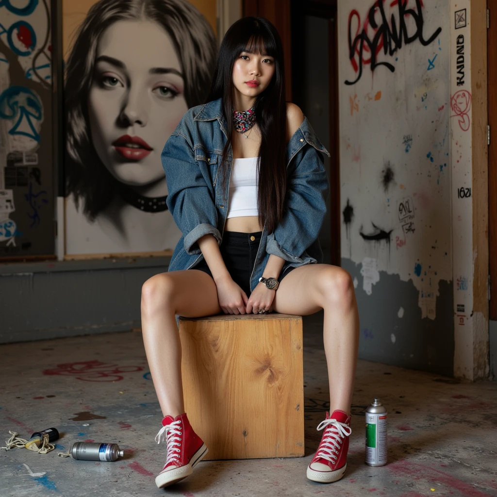 Masutepiece、highest qualityr、high resolusion、Eleonora Pavinato, 23 years old, Younger headshot, long Black hair, realistic skin, beautiful refined skin, real skin texture, Beautiful firm breasts are comb big oczami seksowna, in a home studio, painting on a canvas, wearing an oversized shirt splattered with paint, focused look but bare legs playfully crossed, creativity meets allure.