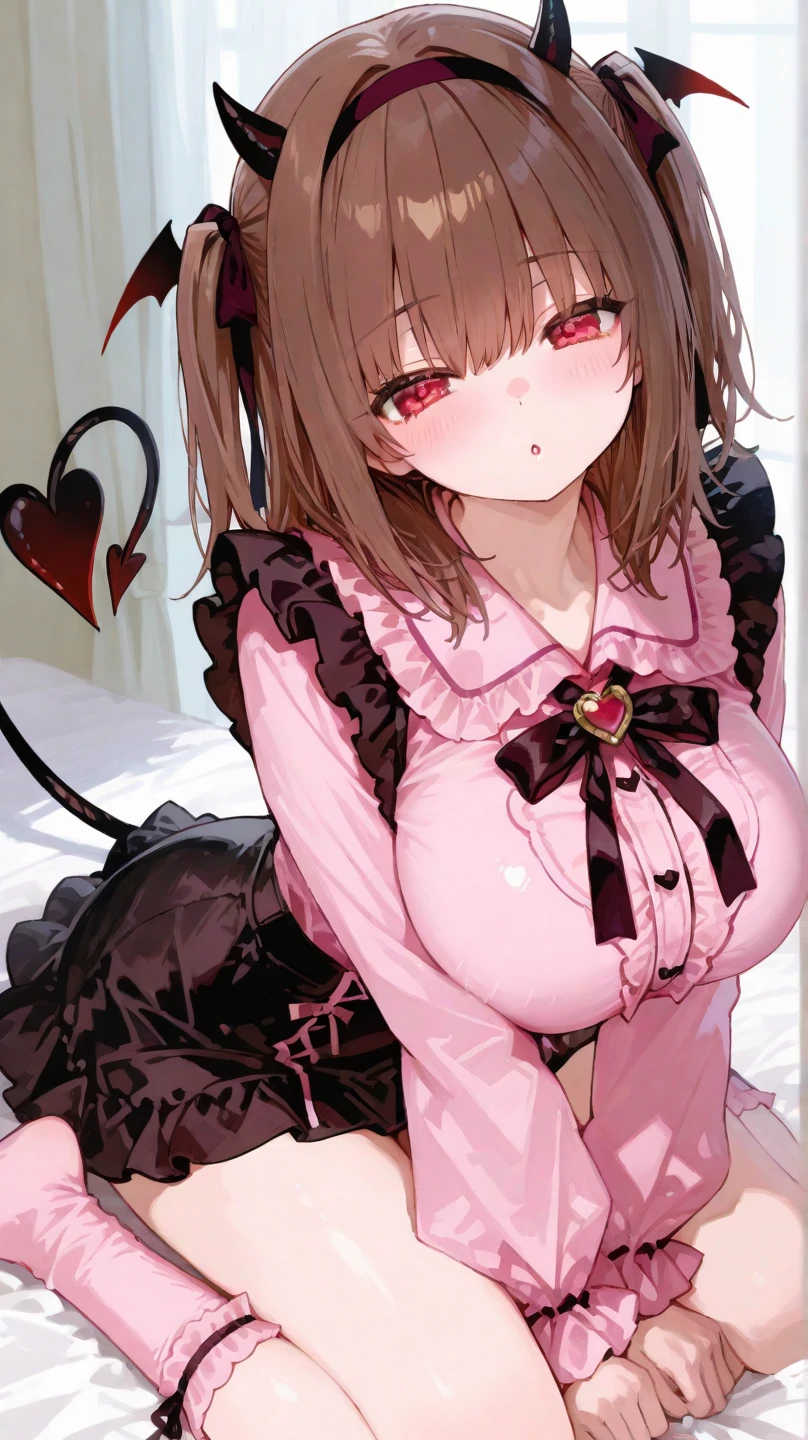 1girl, bangs, bare_shoulders, bed_sheet, black_choker, black_legwear, blush, bra, bra_pull, breasts, breasts_outside, brown_hair, choker, cleavage, clothes_pull, collarbone, ear_piercing, earrings, eyebrows_visible_through_hair, feet_out_of_frame, hair_between_eyes, heart, jewelry, kneehighs, knees_together_feet_apart, knees_up, large_breasts, long_hair, looking_at_viewer, mole, mole_on_breast, mole_under_eye, nail_polish, nipples, off_shoulder, on_bed, panties, partially_visible_vulva, pink_eyes, pink_nails, pleated_skirt, shirt, sidelocks, simple_background, sitting, sitting_on_bed, skirt, socks, solo, spoken_heart, stud_earrings, thighs, underwear, white_background, white_bra, white_panties, white_shirt <lora:style_Kiyokujiyo:0.8>