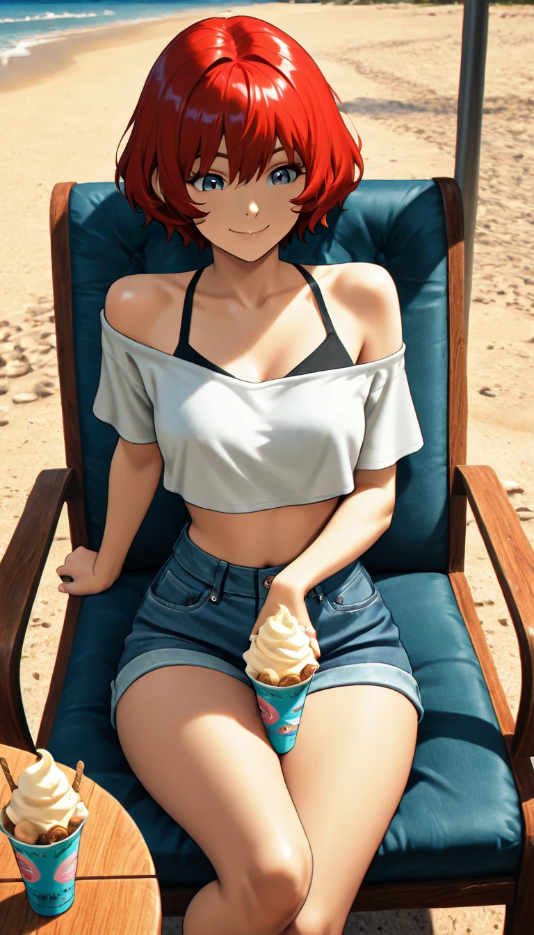 (Masterpiece, Best Quality, High Quality), from side,volumetric lighting, illustration, beautiful, perfect lighting, perfect shadows,Nishikino maki , purple eyes, dynamic camera angle, white loose tank top, black hot shorts,moist skin , thighs,sweat drops, sitting on chair, beach, looking at viewer