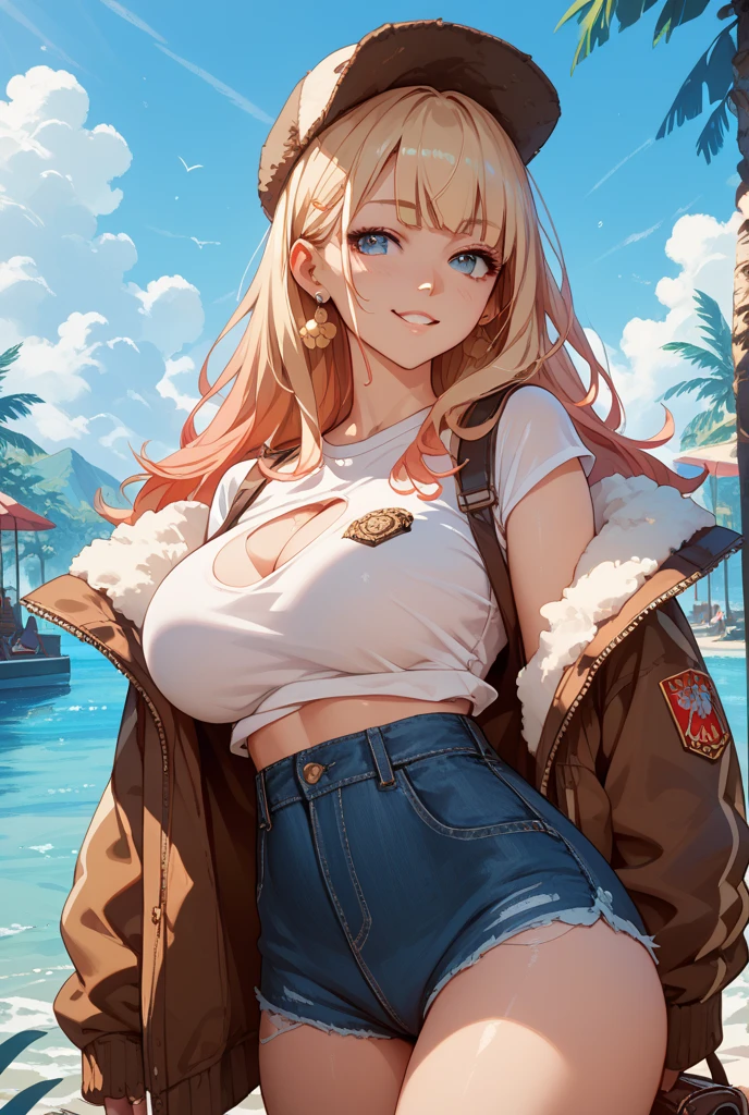 Anime illustration、highest quality、Short high school girl、Cowbell collar、big belly button piercing、Eyes are hidden by bangs、Holstein daughter、Cow print tube top、hot pants、Cow print knee socks、Perfect proportions、vast ranch、Pasture、Cowshed、Clear skies、overwhelmingly big breasts、Beautiful, shining eyes、Cowboy Shot、smile、Excessive sweating、Noise Reduction、Lying on your back