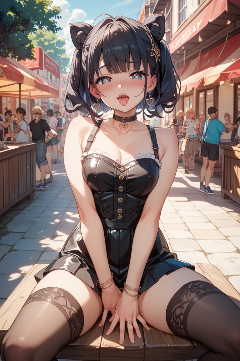 Highest quality, Detailed face, High resolution, One Girl, Center of chest, smile, Black Dress , Grey mini skirt, Excellent anatomy, View your audience, Soft Focus, Cinema Lighting, Written boundary depth, ((Happy expression)), Medium Hair, barefoot, Outdoor, Asymmetrical hairstyles