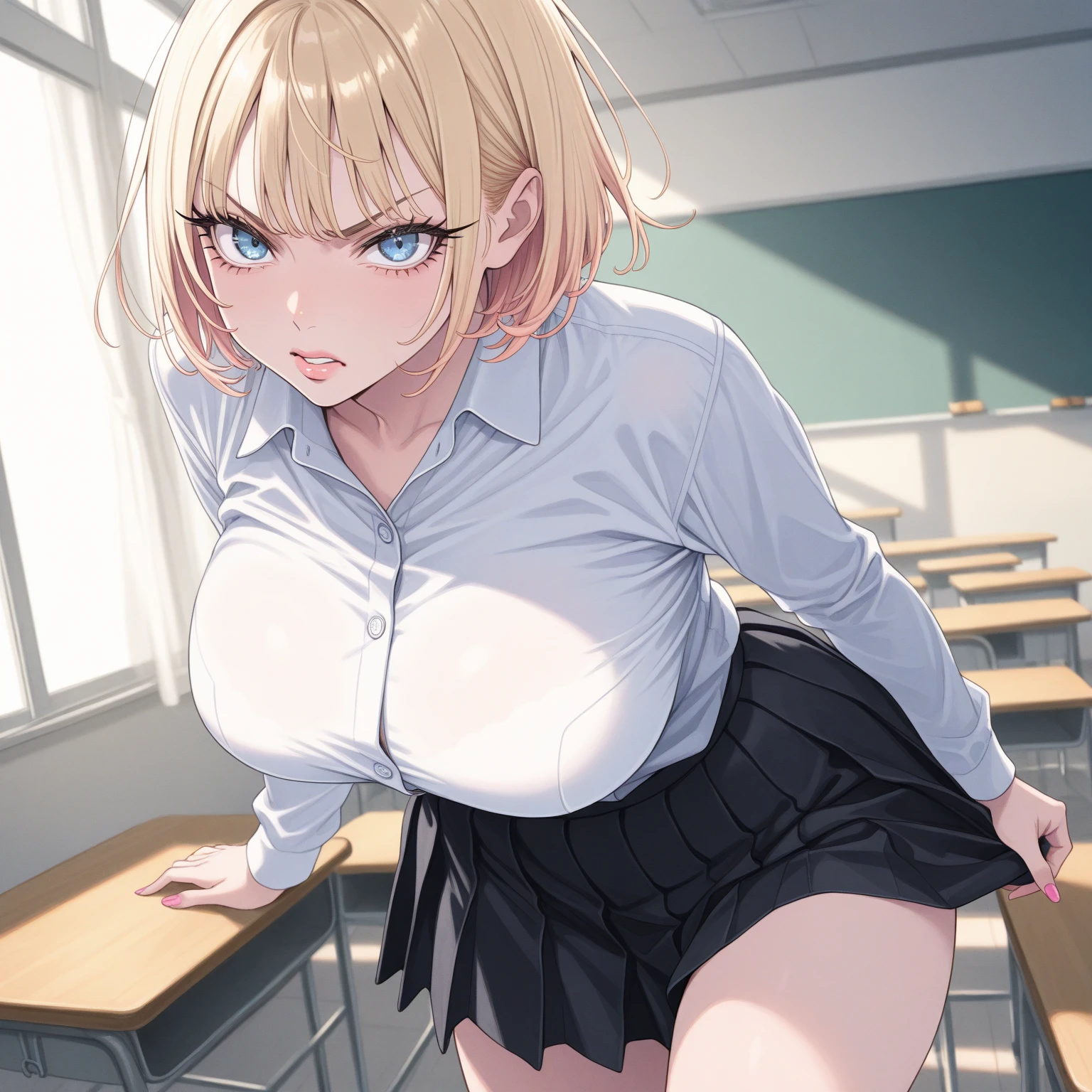 Billie Eilish, masterpiece quality, (masterpiece quality:1.3), high res, realistic, lots of detail, alone, 1girl, (1girl:1.9), solo, in a college classroom, in a classroom, college students in background, chalkboard in background, long hair, platinum hair, (platinum hair:1.5), wearing college uniform, wearing choker collar, wearing black lace bra, wearing red plaid skirt, (miniskirt:1.5), bare legs, (bare legs:1.5), thin body, small breasts, (average breasts:1.3), lots of cleavage, worried, (worried face:1.5),
