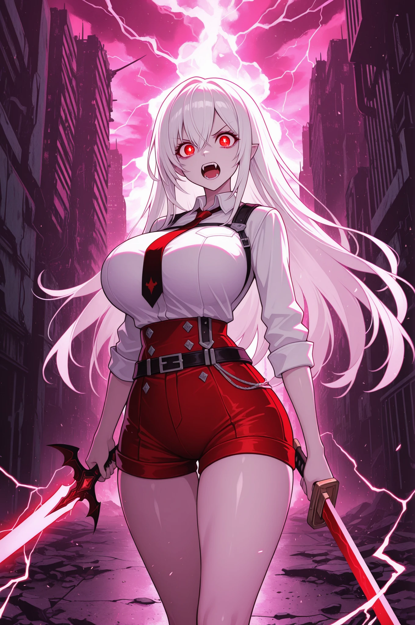 long white hair, vampire, glowing detailed red eyes, uniform, white shirt, tie, red shorts, holding sword, 1girl, solo, vampire fangs, huge breasts, ruined futuristic city, dystopia, lightning storm, pink lighting, volumetric lighting, cinematic lighting, masterpiece, best quality, amazing quality, very aesthetic, absurdres, newest,