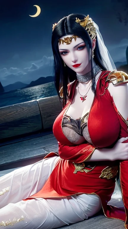 1 extremely beautiful queen, ((Wearing red traditional Han clothing with fine black patterns:1.6)), (((Patterns on clothes:1.6))), ((Black long hair:1.6)), Jewelry crafted with gemstones and beautiful hair, ((Wearing a 24k gold lace necklace:1.4))), noble, Beautiful lady, Her little face is super cute, Her face is beautiful, Thin eyebrows, Flawless beautiful face, ((Black pupils: 0.8)), very beautiful eyes, ((Platinum blue eyes: 1.6)), (((Eyes wide open:1.6))), Beautiful makeup and hair detailed eyelashes, steam eye makeup, high nose, earrings, red lips, ((Shut up: 1.5)) Beautiful lips, Delicate hands, The most beautiful thighs, ((Stretch your arms to the sides: 1.5)), ruddy face, cleanface, Flawless beautiful face, Smooth and fair skin, (Large Breasts: 1.5)), ((High chest: 1.6)), Breast tightness, 美丽的Cleavage, (((Large Breasts and super round: 1.8))), ((super Breast tightness: 1.7)) , Beautiful breasts, Perfect body, Rear arm, Keep your chest up, Fine black mesh stockings with black lace trim, 8K Photo, super high quality, Surreal, 10 times more pixels, Optical, Bright studio, Bright Edge, dual-tone light, (Highly detailed skin:1.2), Super 8K, soft light, high quality, volumetric light, Reality, Reality high resolution, light, Best photos, 4k, 8K picture quality, Blur effect, Smooth and sharp, 10 x Pixel, ((Night sea and moonlight background:1.5)), aurora, lightning, Super realistic graphics, The most realistic graphics, 1 girl, Solitary, Solitary, Extremely clear images, Surrealism, (((Frontal image: 1)))."((Cleavage))