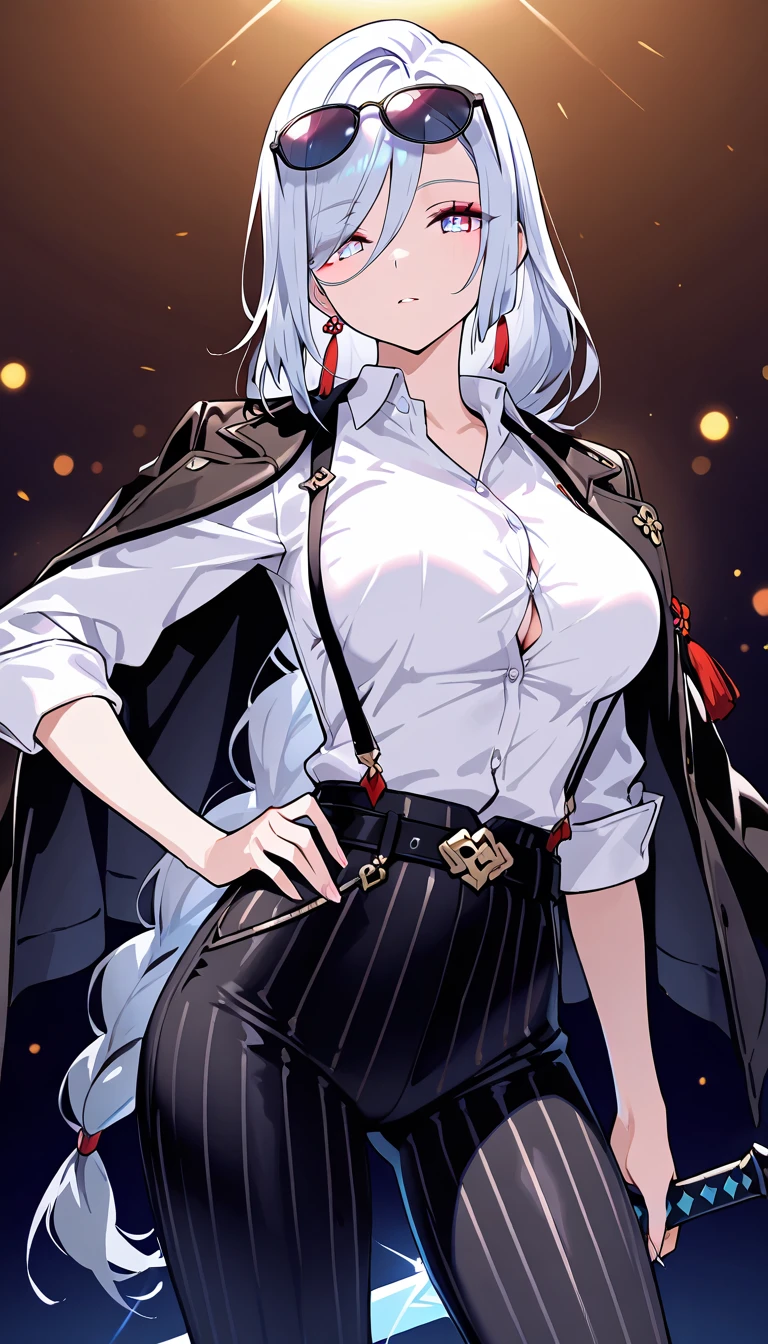 The Masterpiece, best qualiy, High_resolution, Fine details, an extremely detailed and beautiful, distinct_image, 1 Girls, 独奏, silver-hair,red-eyed, (ginormous breasts), (titts),Curves,From Under,full - body,(School uniform),(miniskirts),(Crotch)