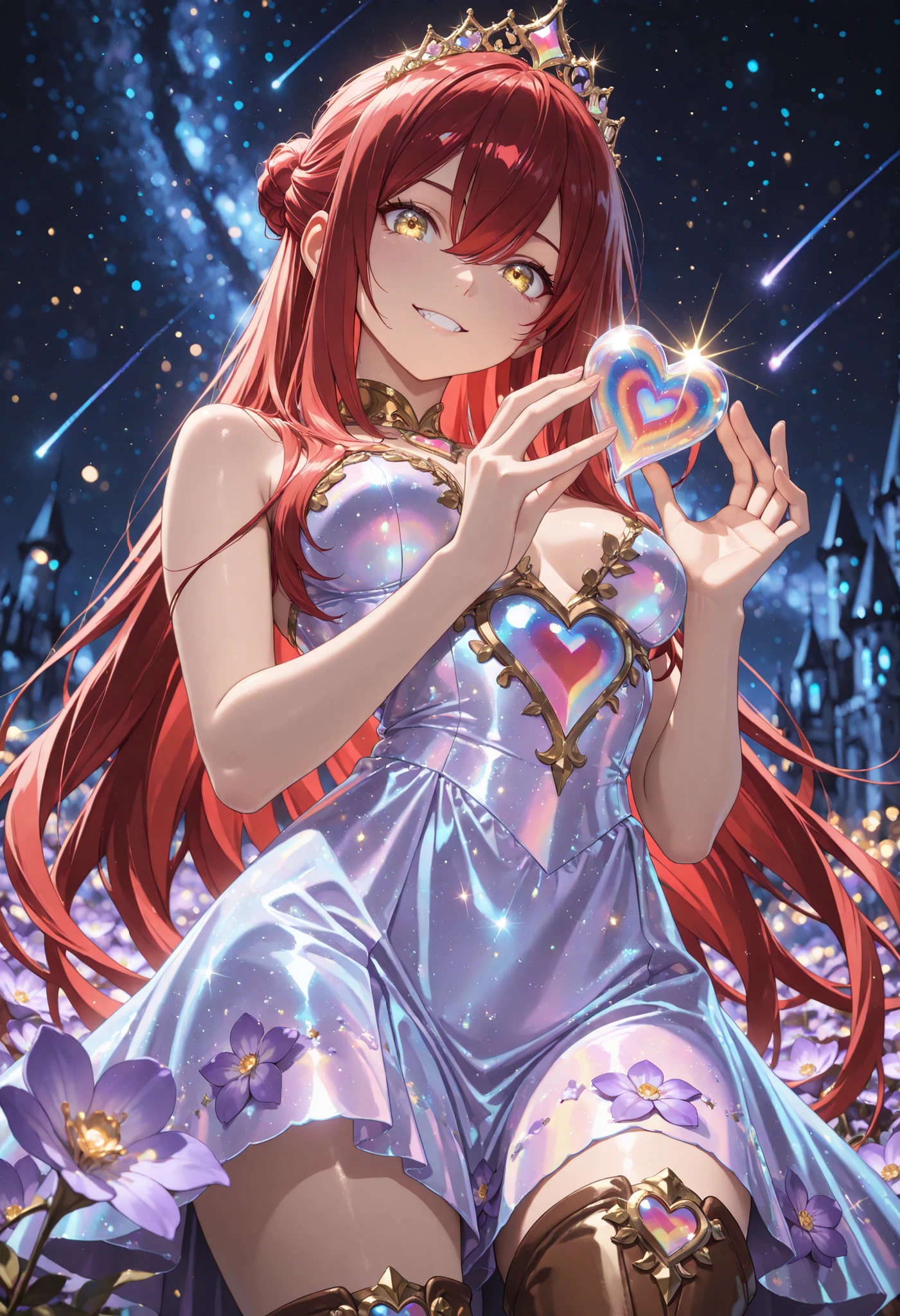 1 girl , Ryu Shana, golden eyes , very long hair , long sidelocks, red hair ,half updo, petite , very cute , beautiful ,Straight hair, cool, handsome, hair between eyes, sexy, medium breasts, from below, moonlit night, hair in a bun with a red ribbon, purple flower-patterned princess dress, princess smiling, ((holding crystal glass rainbow heart)), holding, heart (object), brown long boots, magnificent castle in the background, the castle is faintly lit, night sky with shooting stars and twinkling stars, kawaii , solo, cowboy shot, (sharp focus, very aesthetic), (sparkling effect, grow photos), face focus, catch light, facing forward, looking at viewer, (perfect hands, perfect face, perfect eyes), detailed background, scenery, natural light, three-point lighting, (master piece, 8k high-resolution), (jewelry eyes), (floral tiara),, ((blooming flowers)), ultra detailed, perfect light, beautiful face, beautiful eyes, beautiful hair, best quality, look at viewers((best quality))((best quality eyes)), glowing, glowing_effect, sparkling, particles, sparkle_effect, light_particles, glitter, glitter_effect, bokeh, light_bokeh, light_reflection