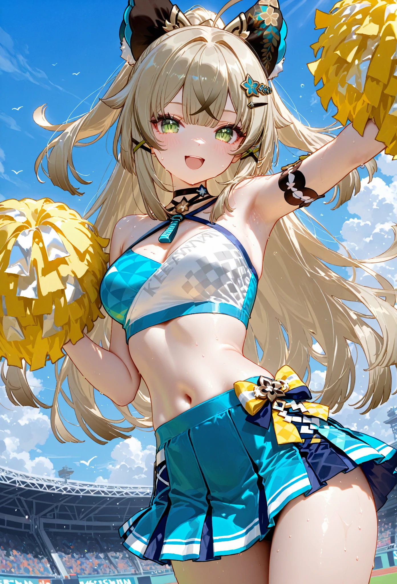 (masterpiece:1.3), (absurdres:1.3), (best quality:1.3), hand of Guido Daniele, (ultra-detailed:1.3),(best shadow:0.7), (handled hair),
1girl, solo, sh1, aizawa ema, large breasts, cleavage, blonde hair, asymmetrical bangs, blunt bangs, blue eyes, hair ornament, smile, open mouth, (wet, wet_hair, wet_clothes, wet_shirt, oily skin, glossy), (cheerleader, crop top, miniskirt, bare shoulders, white skirt, standing, holding pom poms), pom pom \(cheerleading\),
BREAK outdoors, stadium, sunlight, bright sky, blue sky with clouds, winds, god rays, light rays,
