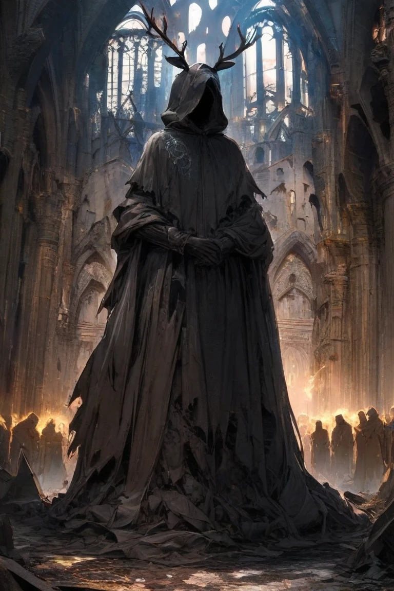 undead king wear cloak cover by blood, dark fantasy, detailed facial features, blue eyes, eyes, bony hands, flowing tattered cloak, decaying bones, sinister expression, dark moody lighting, dramatic pose, gothic cathedral interior, intricate detailed textures, dark color palette, cinematic composition,