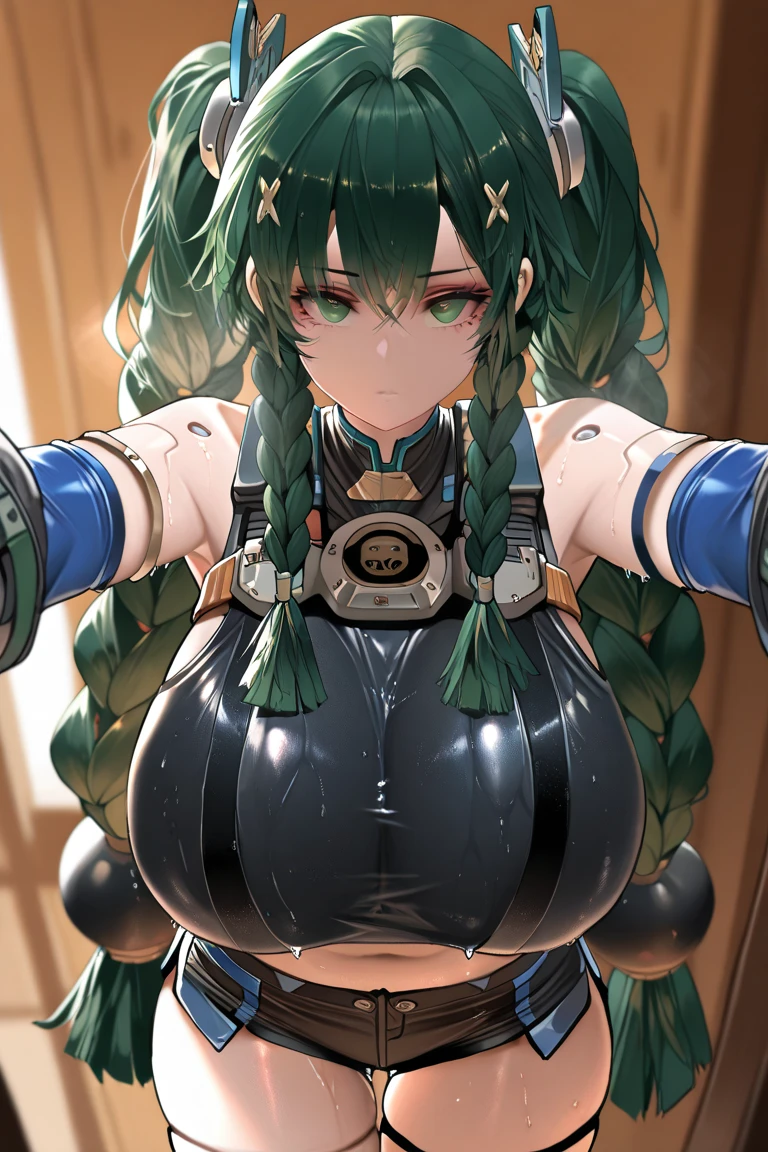 One girl, 縞模様のhair, 黒hair, eyeのbetweenの毛, eyeの下のほくろ, 虚ろなeye, One girl, chest, Underarm, 一人in, arms_superior, big_chest, between_chest, green_eyes, blush, chestの谷between, Closed_mouth, Looking_in_Audience, c以superiored_belly button, short_hair, eyes_appear_Through_hair, , 前hair, cowboy_shot, Strapless,arms_behind_head, hair_以superior_One_eye, Strapless, Thighs, Spread your legs wide、Spread your legs wide、Squat、Painful expression,((Sweaty smell:1.5、Sweaty:1.5、vapor:1.5、steam:1.5)),big乳首:1.5,Abdominal muscles:1.3 ,((Groin,Spread your legs wide、Spread your legs wide、Squat))