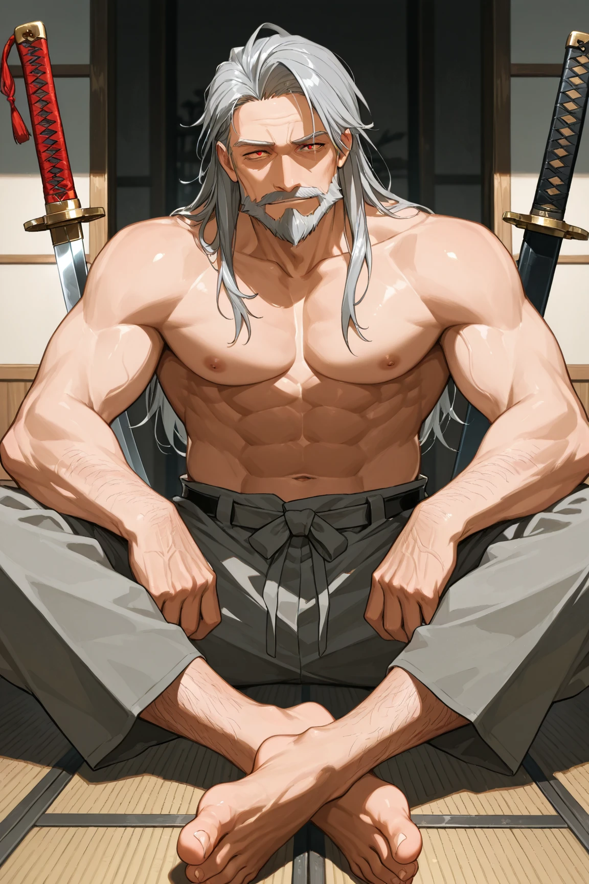 An old man holds a knife，of a shirtless，Sit on your knees，miyamoto musashi, shikanosuke yagaki, shirow masamune, ueshiba riichi, inspired by Kanō Sanraku, inspired by Tōshūsai Sharaku, tsuruta kenji, holding sabre, riichi ueshiba