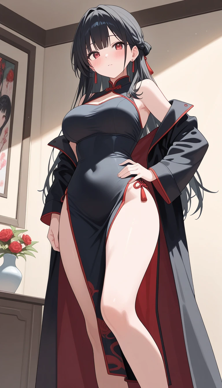 masutepiece, Best Quality, Very detailed_nffsw_Unity_8K_ Wallpaper,  Solo, Misato Katsuragi, Brown eyes, Indigo hair, Big breasts, Cross Necklace, Red jacket, Big breasts、((Smaller head)）、1 female、fullmoon、room dress、black slit dress、Sexy pose with one knee standing、(Raw photography:1.2)、(Photorealsitic:1.4)、A smile、Textured skin、extremely detailed eye and face、beatiful detailed eyes、二重まぶた、huge filesize、(Increase the beauty of skin texture:1.1)、hight resolution、highlydetailed skin、top-quality、8k wallpaper、电影灯光、large boob,Seductive underwear、Open legs、The chest is visible、 Spread your legs、Spread your crotch、Persistent stare, Sharp eyes, sexy langeries
