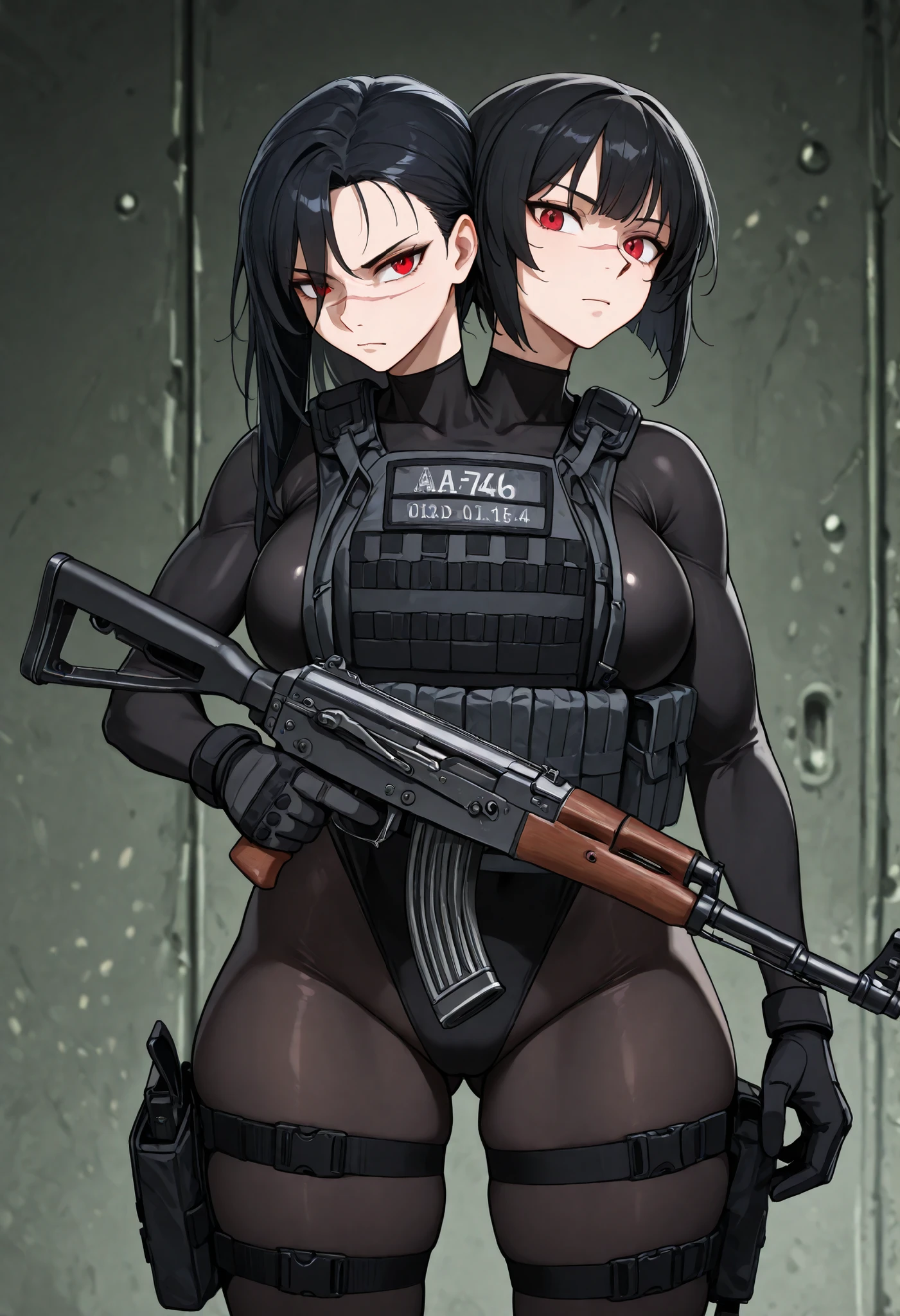 thick hips, thick thighs, platform heels, high cut leotard, bandeau top, huge breast, thin waist, bob cut hair, weapon, pale skin, gun, angry look, scream, thick body, tight stockings, military camouflage, front profile back,