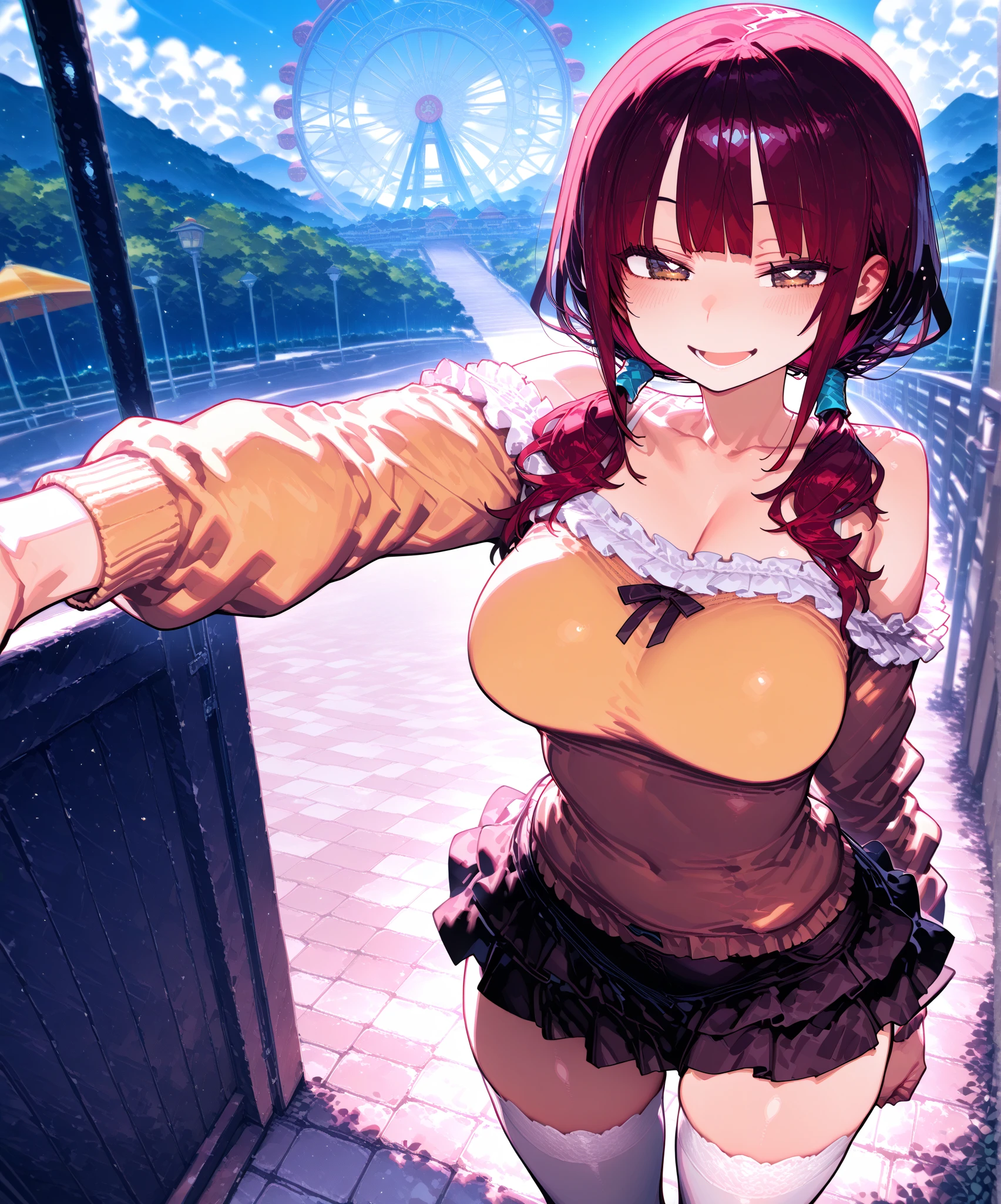 (Masterpiece, Best Quality, High Quality),(NSFW:1.3),Nishikino maki, Red hair, (3heads:1.5), open belly, very huge breasts, (very, beautiful eyes:1.5), (very detailed eyes:1.5), (pretty eyes:1.5), purple eyes, cowboy shot, dark blue skirt, tight ,(sweater crop top), (sexy stomach), detailed belly, midriff, big breasts,looking at viewer, earrings,in street