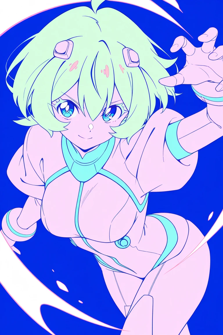 (( 1girl in)), (NSFW)、blush,Pink hair、Parted bangs、Forehead、white forehead protector、green colored eyes、(((Red Leotard))) ,On stage、flat chest、big butts、((thick thighs))、Sweat、((:D))、Surprised、(Straight hair)、sitting on、spreading legs、(White shoulder armor)、Gold decoration、Blue crystal