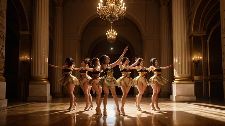 Three pretty, beautiful women perform an intensely synchronized dance in a large hall under a chandelier. The scene is grand and powerful, with dynamic shots capturing the energy and precision of their dance. Lighting includes flashing lights and dramatic color changes to enhance the dramatic effect.