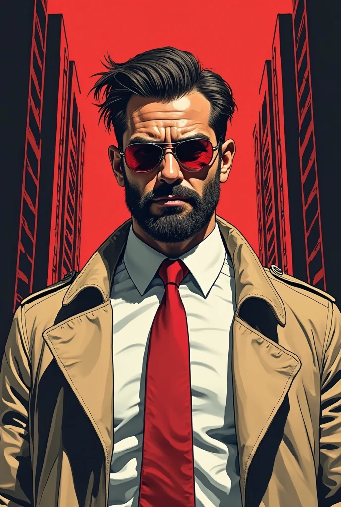 A highly stylized digital illustration of a confident man in a noir ...