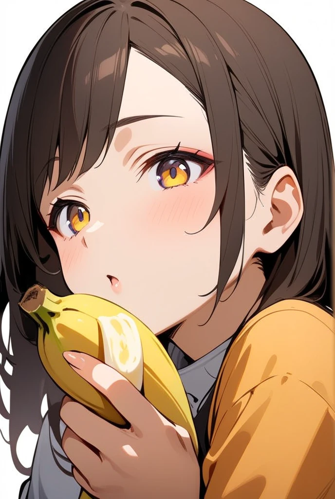 A close-up of the face of a female college student wearing a yellow costume and holding a banana