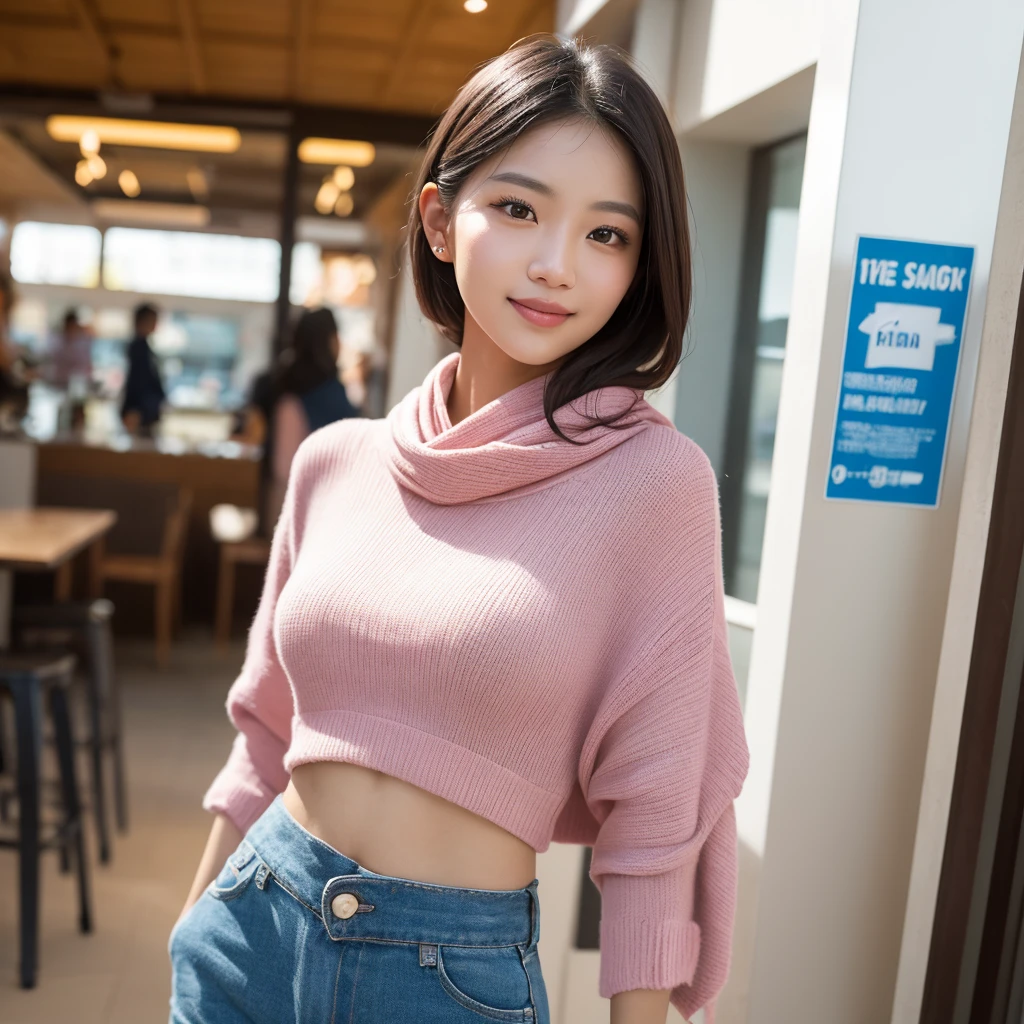 (Best quality details:1.2),realistic,8K UHD,High definition,(1girl:1.2),Ultra Detailed,High quality texture,intricate details,detailed texture,finely detailed,high detail,extremely detailed cg,High quality shadow,Detailed beautiful delicate face,Detailed beautiful delicate eyes,Depth of field,Ray tracing,20's,(a beautiful 25 age years old sexy korean woman:1.1),(Pretty Kpop girl,korean mixed),large breast, tall_female, beautiful_legs, Glow Eyes,blush, glossy lips, perfect body,skinny, (long sleeves sweater, pink, white, horizontal striped :1.3), (white short shorts:1.4) , (black hair, bob:1.1), street, sunlight, standing, lens flare, earrings, model, looking at viewer, (happy smile:1.1), makeup, cowboy shot, from front,