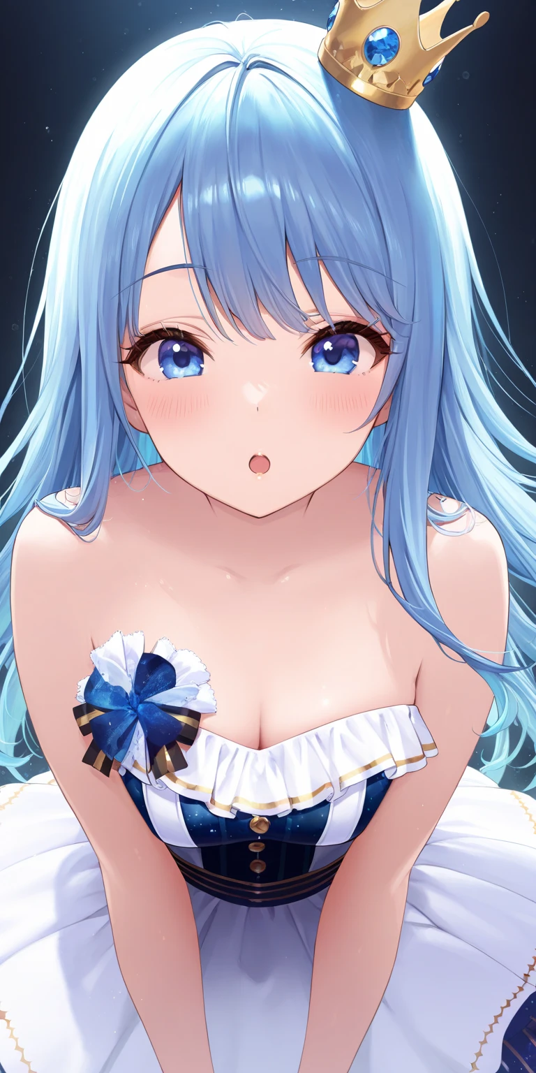 (MASTERPIECE)、(maximum quality)、(Super Detailed)、Official Art、One Little Girl、Lori with pale light blue hair、Blue see-through dress、sleeveless、cape、small breasts、modest chest、Breast cleavage、Thigh Focus、Card Illustration、ice cubes