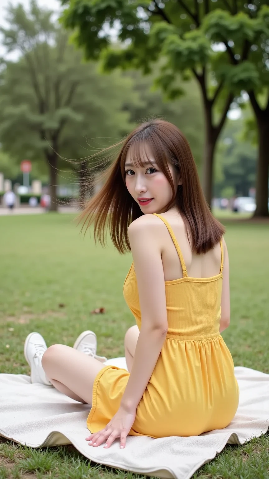 a woman posing on the Street style corner with light orange dress on, best quality, High resolution, 8K, 1 girl, (huge breasts), Day, Bright, outdoors, (Street style:0.8), (people々, people混み:1), (dress trimmed with lace:1.5, light orange clothes:1.5, orange high neck dress:1.5, sleeveless dress, orange dress: 1.5), gorgeousl, (medium hair), beautiful detailed sky, beautiful earrings, (dynamic pose:0.8), (upper body whole body:1.2), soft lighting, wind, shiny skin, looking at the viewer,Super detailed, fine detail, perfect dynamic composition, beautiful detailed eyes, (wear high heels), (wear stockings),((do it yourself skirt lift))), (lift it yourself), (show me your genitalsいる), (((not wearing panties))),pupil focus,((sit,spread your legs)), (((taking off panties))),show me your genitals、open your eyes、look at viewer、(((smile:1.3)))、Provocation by spreading legs and exposing female genitals, ((sit,spread your legs、spread your legs wide、spread your legs wide、Spread your genitals with your hands、I'll teach you how to masturbate.、Spread your legs and show off your genitals.,(face of sexual pleasure:1.2),(A face that feels like an orgasm:1.2),(face of sexual climax:1.3),((A large amount of bodily fluid flows out from the female genital hole..:1.2)),(((A large amount of cloudy body fluid flowing out from the female genitals accumulates on the seat surface..:1.0))),(((Low - Angle:0.7))),(((Full body photo from head to toe))),