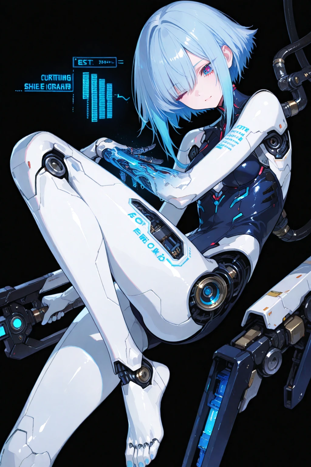 (((masterpiece))), ((best quality)), ((ultra-detailed)), (CG illustration), (an extremely devious and beautiful)), (cute desktop face), cinematic light, ((1 mechanical girl)), blue and purple and pink gradient tones, Equipped with mechanical butterfly wings, beautiful face, loli face, blue crystal butterfly, Tyndall light, aesthetic light and shadow, single, full body, female perfect body, (machine-made joints: 1.4), ((mechanical limbs)), (blood vessels attached to tubes), ((mechanical spine attached to the back)), ((mechanical cervical vertebrae attached to the neck), ((sitting)), expressionless, (wires and cables attached to the head and body: 1.5), (character focus), science fiction