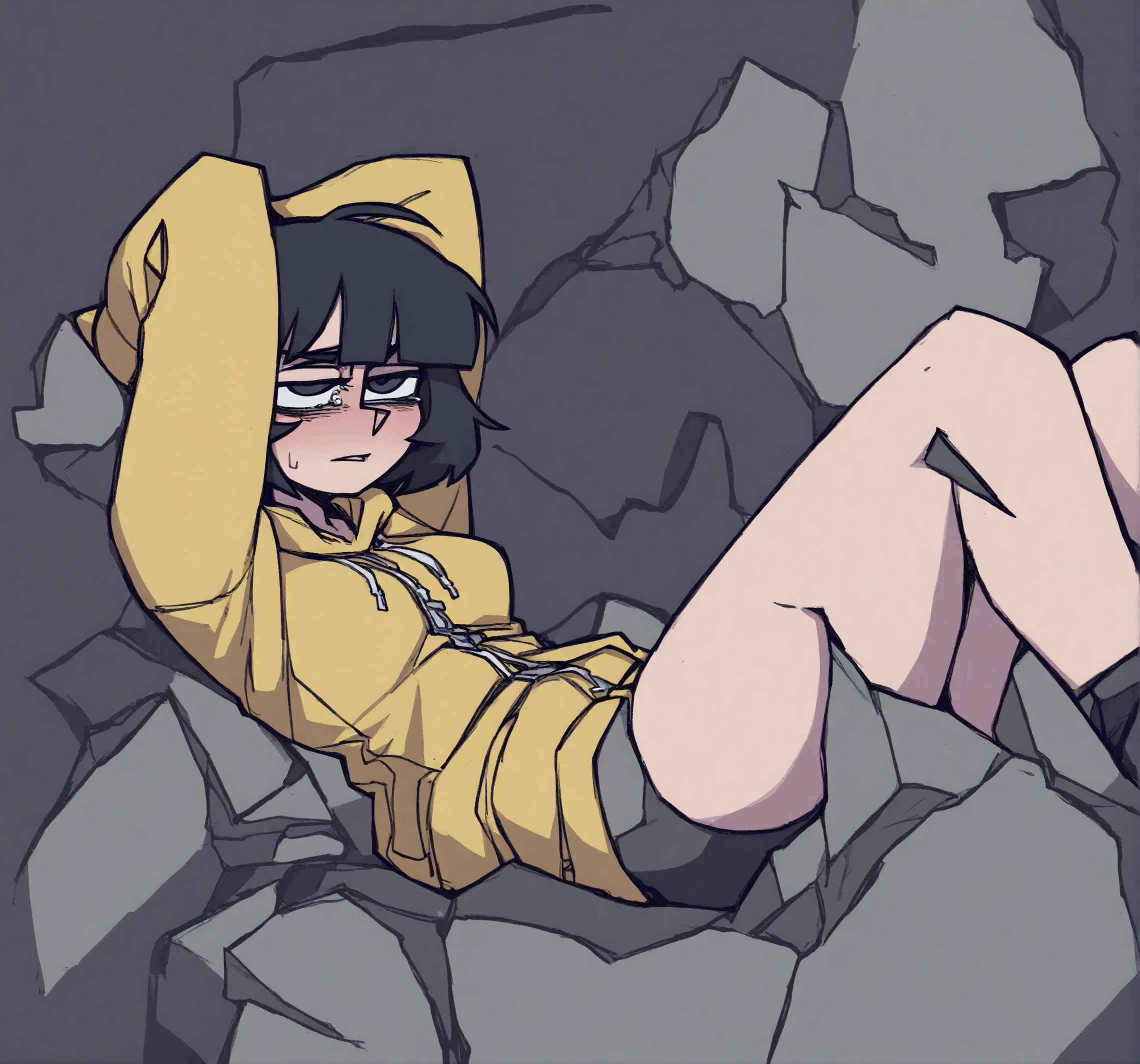 score_9, score_8_up, score_7_up, standing, jadechan, short black hair, solo, detailed brown eyes, looking at viewer, 1girl, nude body, flat torso, pussy, Sneakers, front view, cameltoe, sitting on sofa, one leg up, spread legs, pussy juice, pussy juice on sofa, pleasure face, shy, ass, anus, anal-fingering