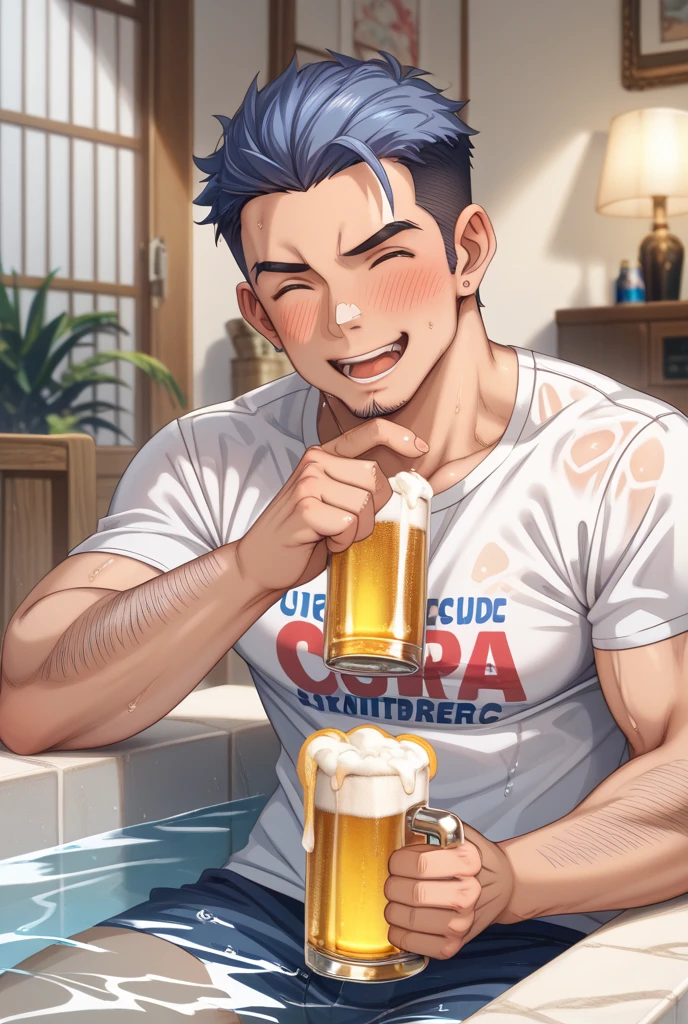8k , masterpiece, solo man , 1 man only , detailed face , detailed fingers, detailed muscles, detailed background, chris hemsworth as thor relaxing on a chair with spreadlegs ,showing muscles and bulge smiling , satisfied from his victory, wearing his hero outfit , near him his hammer , drinking a glass of beer