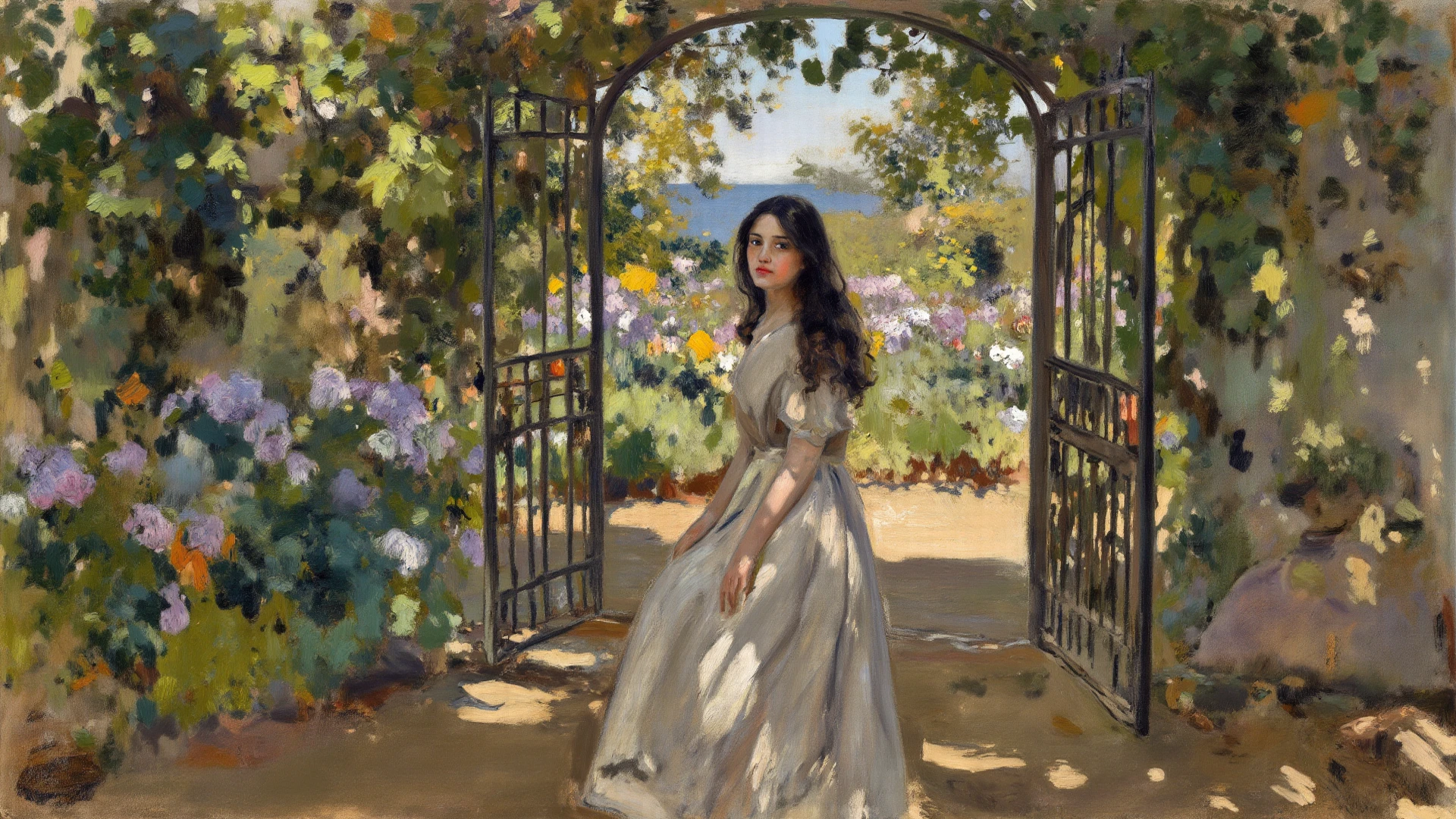 1girl. white skin, long hair, painting \(medium\), outdoors, country scene, flower field
