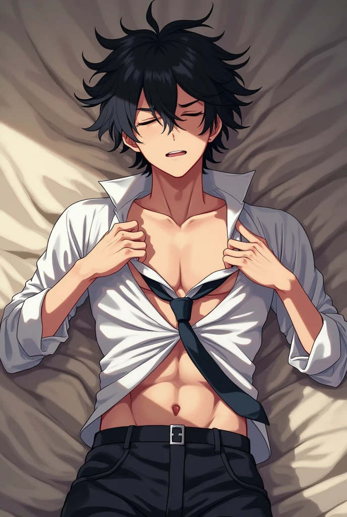 buff izuku midoria laying on a bed whit no shirt and no pants on in the style of a body pillow in the procces of takeng his pants off sugestevy showing his boxers and his big pennis in a way thats very arousing and sexy
