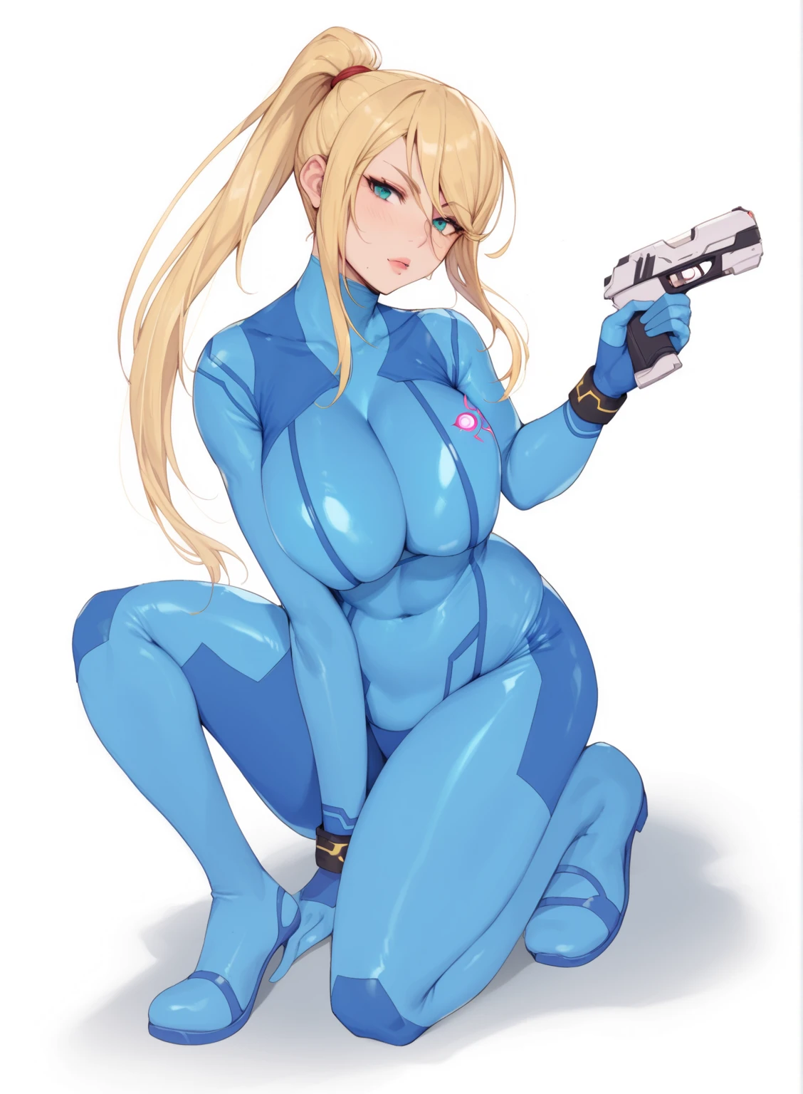 Blonde girl in a blue suit with a big gun 80s aesthetic