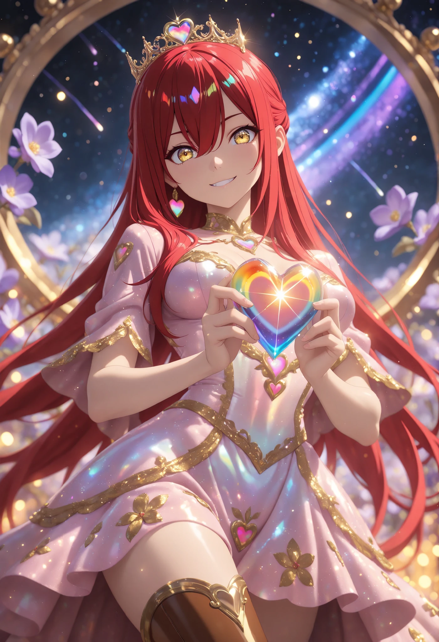 1 girl , Ryu Shana, golden eyes , very long hair , long sidelocks, red hair ,half updo, petite , very cute , beautiful ,Straight hair, cool, handsome, hair between eyes, sexy, medium breasts, from below, moonlit night, hair in a bun with a red ribbon, purple flower-patterned princess dress, princess smiling, ((holding crystal glass rainbow heart)), holding, heart (object), brown long boots, magnificent castle in the background, the castle is faintly lit, night sky with shooting stars and twinkling stars, kawaii , solo, cowboy shot, (sharp focus, very aesthetic), (sparkling effect, grow photos), face focus, catch light, facing forward, looking at viewer, (perfect hands, perfect face, perfect eyes), detailed background, scenery, natural light, three-point lighting, (master piece, 8k high-resolution), (jewelry eyes), (floral tiara),, ((blooming flowers)), ultra detailed, perfect light, beautiful face, beautiful eyes, beautiful hair, best quality, look at viewers((best quality))((best quality eyes)), glowing, glowing_effect, sparkling, particles, sparkle_effect, light_particles, glitter, glitter_effect, bokeh, light_bokeh, light_reflection