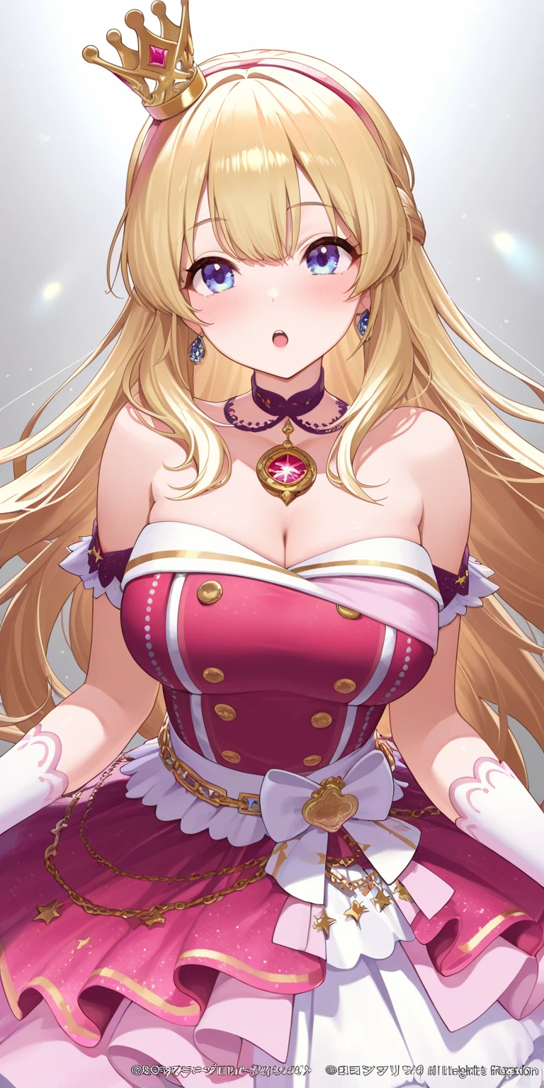 ((anime artstyle)),(Masterpiece),(Best Quality), (Super Detail),(((Very Delicate and Beautiful))),Solo,full body,((full body portrait)),((1 bling-bling princess in beautiful embroidery and jeweled gorgeous rococo ballgown)),((((absurdly gigantic tits)))),(((cleavage,curvy))),Skindentation,detailed face and eyes,jewel-like eyes,((castle)),((crinoline,long train)),gorgeous princess rococo ballgown with voluminous full length hoop skirt and long train,(((bling-bling gorgeous rococo ballgown with beautiful embroidery and jeweled))),((large amount of straight hair, absurdly long hair,Very Long Straight Hair)),extremely gorgeousfull hair ornament,(bling-bling extremely gorgeous jeweled tiara),luxurious jewelry,full body,((beautiful embroidery and jeweled gorgeous rococo ballgown))