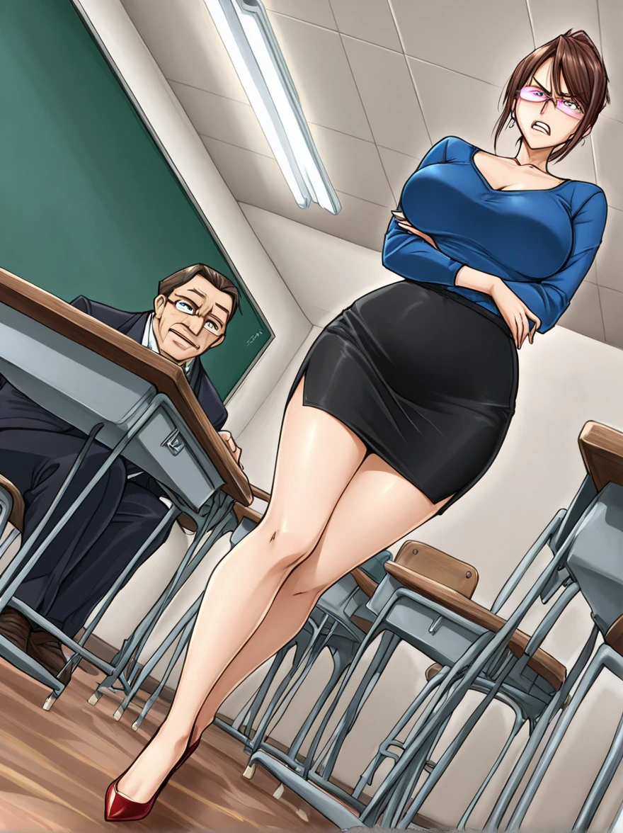 (masterpiece, best quality, ultra-detailed, high resolution, detailed eyes), takeda hiromitsu style, (1mature female), voluptuous body, huge breasts, teacher, makeup, slant eyes, annoyed, black hair up, glasses, navy business suit, pencil skirt, sitting, embarrassed,1boy, huge penis licking penis, tongue out