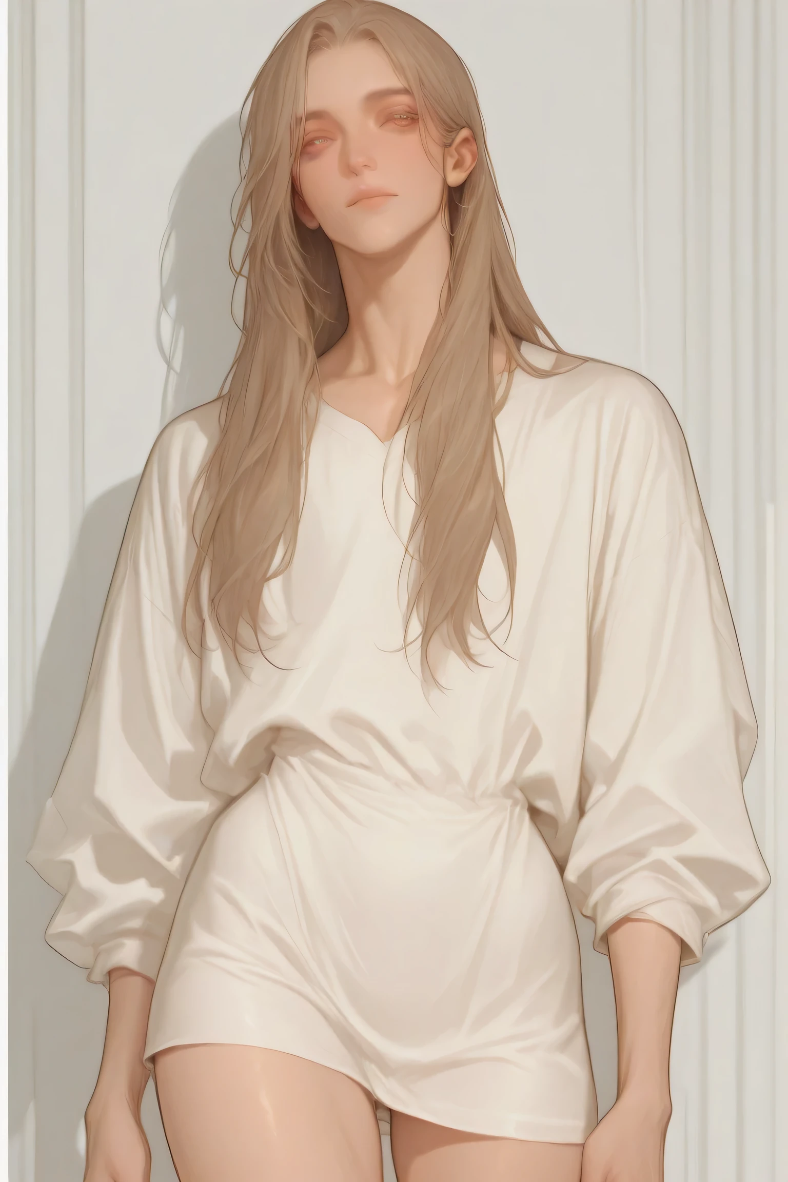 (Let's create A MALE) A beautiful MALE with feminine appearance, long hair, slim body,gentle eyes, long eyelashes, white shirt, gentle facial features,feminine figure, slim hips, full thighs.(It's a male, you're not seeing things.)