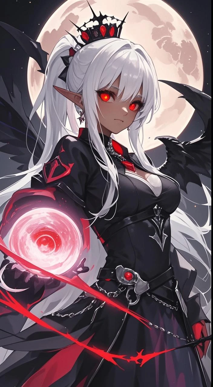 ((masterpiece, best quality)), official art, unity 8k wallpaper, ultra detailed, Amazing dark elf, Dark Angel, mystical aura, ((Obsidian black wings)), flowinggown, deep Purple, Motifs inspired by the occult, ((Crown of thorns)), Poisonous nightshade,  balls of fire, Dynamic pose, Darkness shrouded, High detail resolution, r1ge, Crazy nothingness, Glowing eyes, Multiple eyes, Horror (Theme), BREAK, highly detailed of (dark elf), (1girl), solo, perfect face, details eye, ponytail, Blunt bangs, (hair between eye), white hair, violet eyes, fantasy art by Artgerm, by Kawacy, by Wadim kashin,BREAK, eyelashes, eyeshadow, pink eyeshadow, (dark skin:1.2), glaring, Mysterious smile, medium breast, BREAK, extremely detailed, dynamic angle, (( moonlight)), Mystic energy, Mysterious rituals, ((Dark atmosphere)),