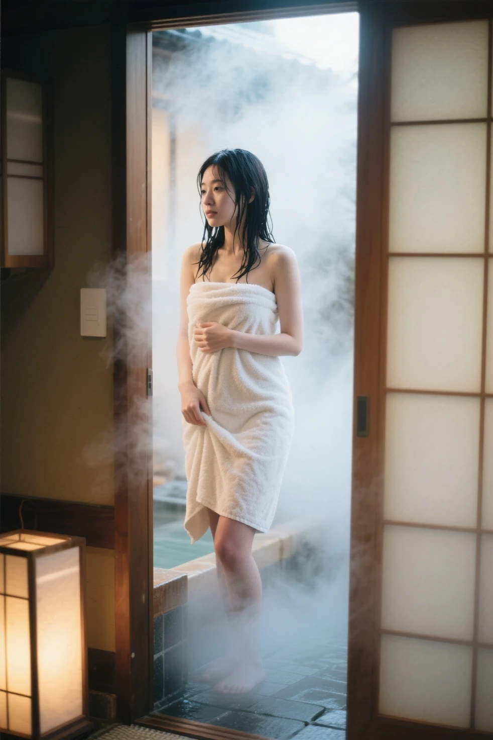 Japanese pregnant high school girl wearing a bathrobe giving birth to a baby in the bathroom