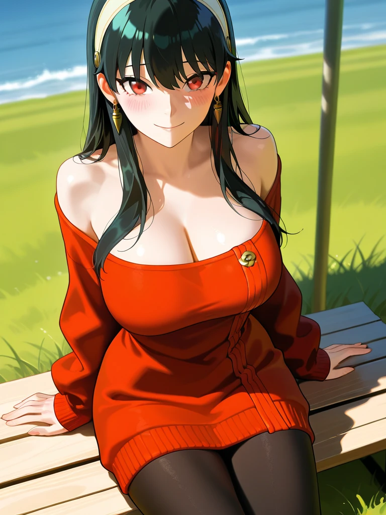 masterpiece, best quality, [detailed], [intricate], digital painting, cinematic lighting, solo, 1girl,angry
,
yor, 1girl, solo, looking at viewer,  black hair, red eyes, dress, bare shoulders, jewelry, collarbone, sidelocks, hairband, earrings, indoors, off shoulder, sweater, arms behind back, plant, short hair with long locks, white hairband, off-shoulder dress, sweater dress, off-shoulder sweater,( red sweater:1.3), (big side hair, very long side hair,:1.3) <lora:yor-01:1>
,looking at viewer, smirk,( wide hips, thick thighs), (large breasts),visible thighs, Seated on a stone bench in a serene Zen garden, she reflects inner peace and serenity, perfect hands, dutch angle,
retro artstyle, 1990s \(style\),<lora:Hidari2:0.8>