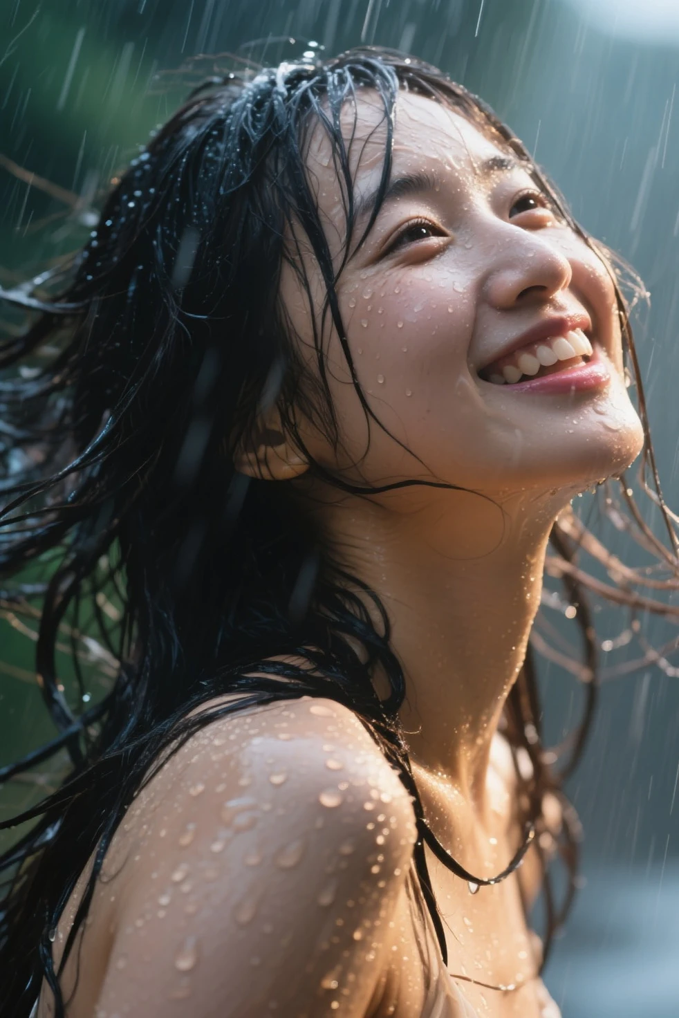 Fair skin、Marugao、Kurokami short hair、Eye patchy、dark eyebrows、double eyelid、Shoulder width adjustment、Anchor shoulder、clavicle is prominent、titsHcup、black bra top、A Japanese girl around 25 years old is in a rainy city..。holding a transparent vinyl umbrella。Sudden, A strong wind began to blow, It felt like the umbrella was going to fly into the sky..。the girl looked up, spread her arms wide, And I reached out my hand to keep the umbrella from flying away..。smile showing white teeth, He spread his arms desperately、I tried to catch the umbrella that was about to fly away..