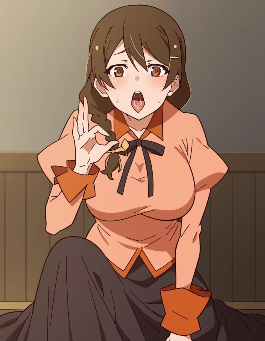Yunyun, One girl, alone, Portraiture, large round breasts,, shirt, collar, Juliet Sleeve, Cleavage cutout, Low twin tails, Black Hair、Red Eyes,, tie, (Embarrassed face:1.2)、Open your mouth a little, (blush:1.2), Perfect quality, good quality, masterpiece, High resolution, 超High resolution 、cowboy shot、indoor、(The lower half of her body is only pink shorts.)、Look Back、View from below