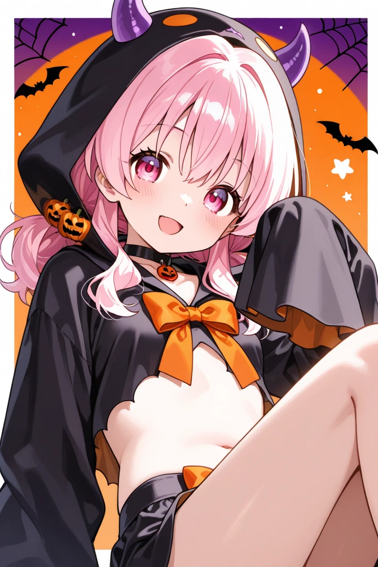 Highest quality、Gray Hair、Twin tails、Red Eye、Halloween、Witch Hat、Panty shot、Grinning、、low length、Castle