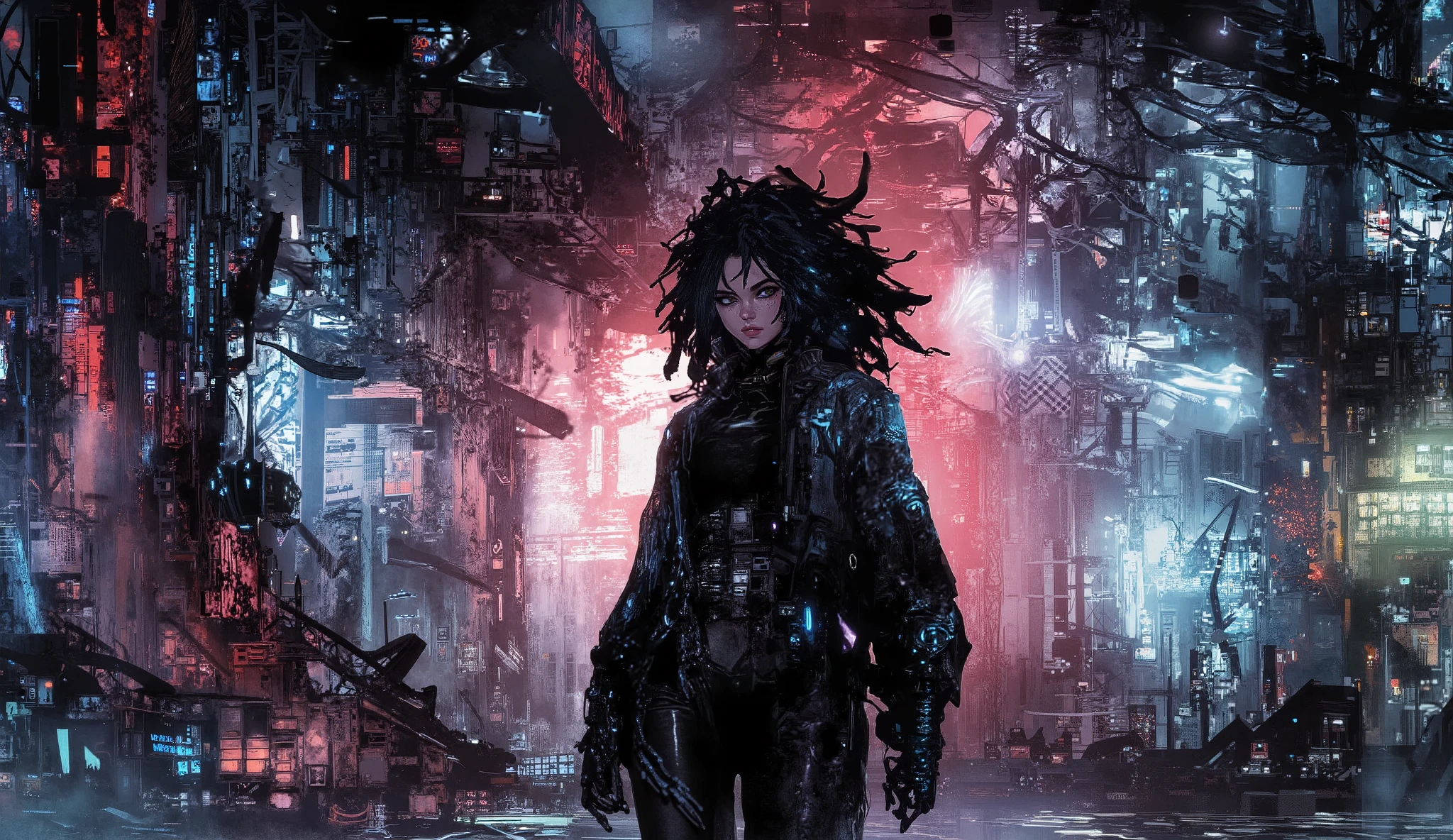 panoramic vision a woman black dreadloocks in a leather suit caminhando em uma rua, visaõ panoramica de uma cidade cyberpunk, Cyberpunk 2 0 y. o model girl, cyberpunk beautiful girl, female cyberpunk anime girl, Cyberpunk girl, cyberpunk Halle Berry, cyberpunk anime girl, wojtek fus, cyberpunk character, female cyberpunk, cyberpunk angry gorgeous goddess, cyberpunk femme fatale