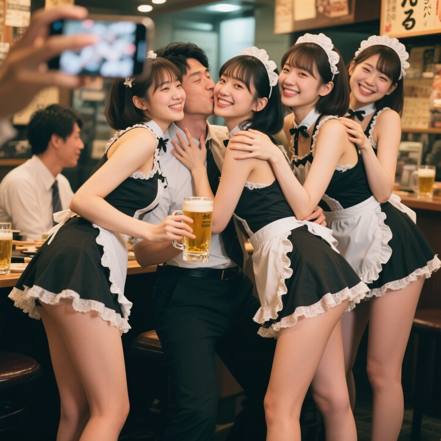 (masterpiece), best quality, (((nude naked teen girl who holds a tray of donuts))), girl has medium breast and nipple and vagina and short curly hair and earring and bowtie and white gloves and black stockings and bowtie and white gloves and black stockings, restaurant setting, crowd of men in school uniform in background , crowd of  men in school uniform in background, crowd of men in school uniform in background,  crowd of  men in school uniform in background, crowd of men in school uniform in background,