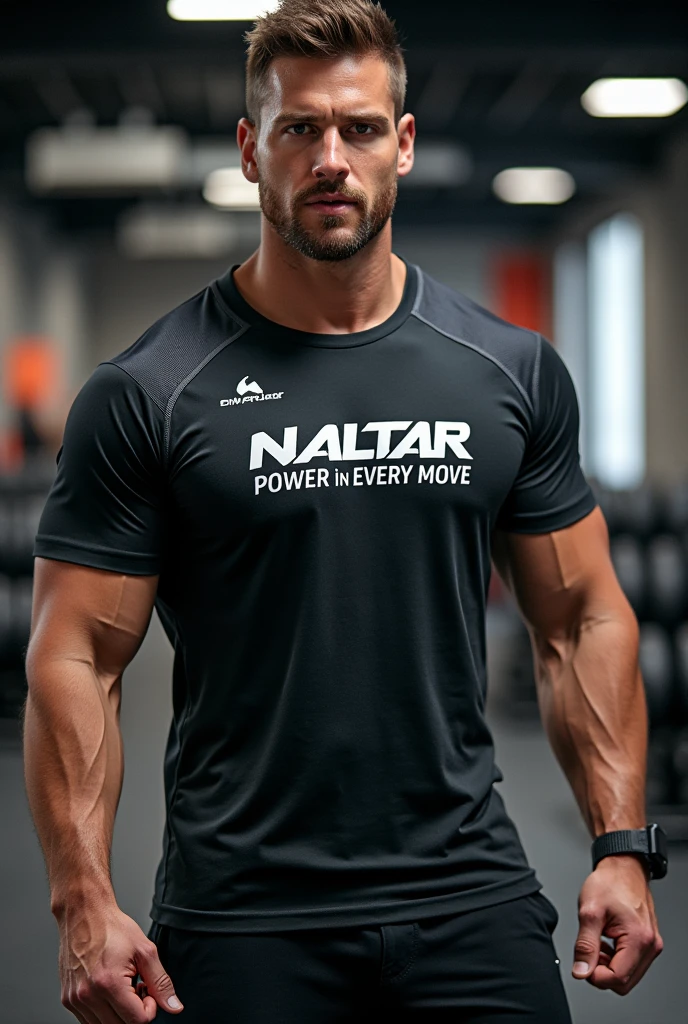 best quality, 8k, high resolution, ultra-detailed, extremely detailed, top quality, realistic, A man standing at the gym , siting in front of camera, sitting, in t-shirt with inscription "MOTIVAR" ,