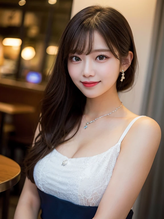Stylish restaurant dinner , Highest quality, shape, Very detailed, In detail, High resolution, 8k wallpaper, Perfect dynamic composition, Beautiful details, Natural Lip, Cute Costumes, Big Breasts, Cleavage, She is smiling in a cute pose.., A masterpiece of the whole body, Full Body Shot