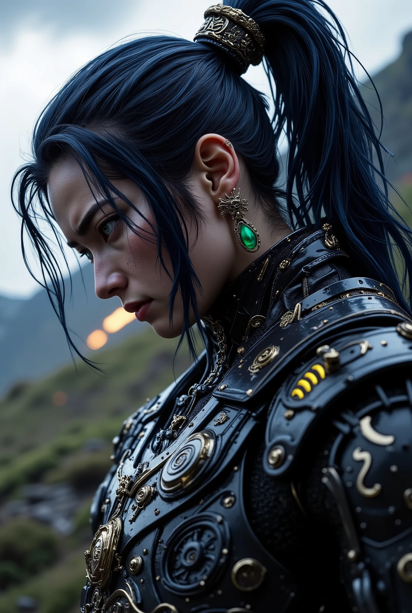 masterpiece, best quality, amazing quality, very aesthetic, newest, Naruto Uzumaki, Alternate Deep-Blue Hair Alternate Long Hair, Wearing ExoSuit, Full armament, Hi-Tech Armament, Naruto exhales, tying his hair into a loose ponytail with a worn ribbon. His jade phoenix earring glints in the fading light—a painful reminder of a promise long broken.
