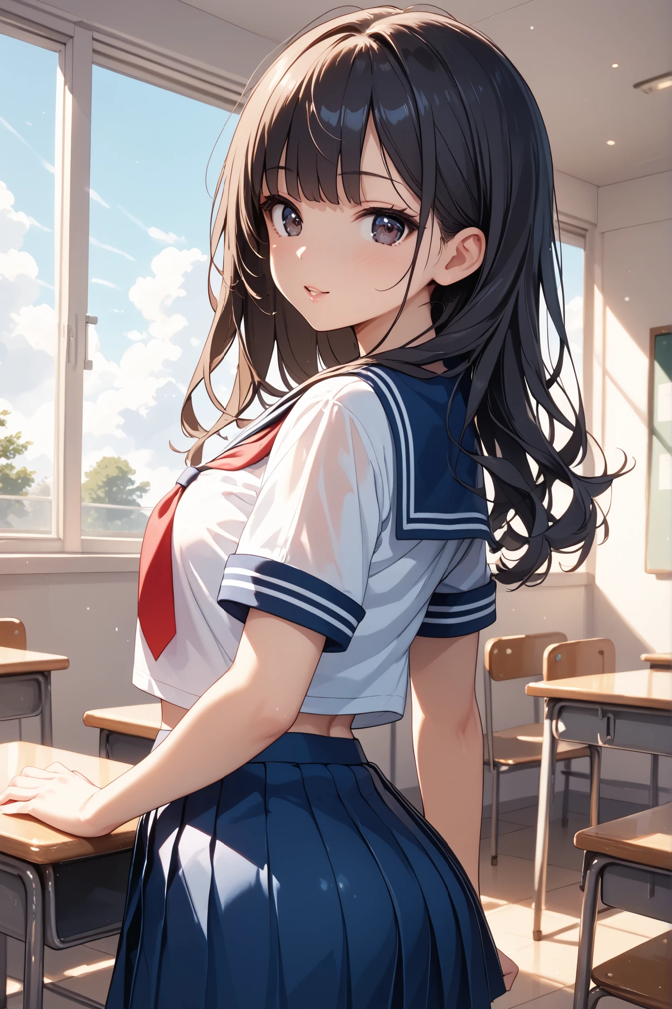 (high quality, 8k, 4K, High Contrast, masterpiece:1.2, highest quality, Best aesthetics), 1 female, (In perspective) beautiful and cute woman, The perfect 18 year old, Japanese、Brown Hair、Straight hair,long hair,blunt bangs,oily skin,small breasts,、Sailor suit、blue neckerchief、Pleated mini skirt、classroom、Japanese School、(Intricately detailed environments),(Textures and environments、Professional photos、Perfect lighting).
